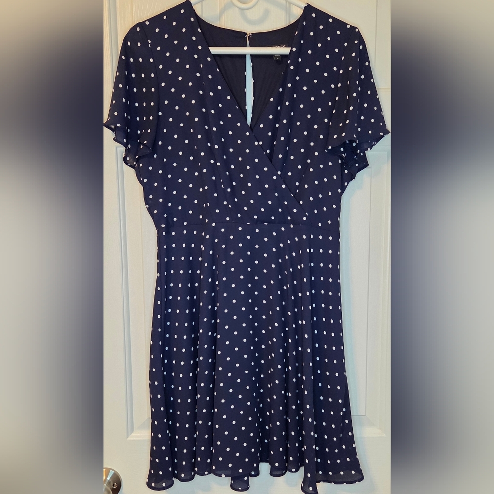 Express Navy Polka Dot Fit & Flare Dress | Size 10 Like New